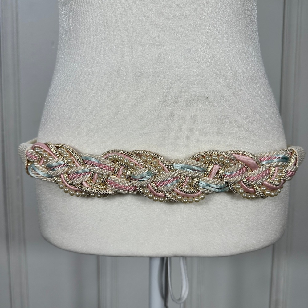 Vintage Braided Rope Belt Pastel Pink Blue Faux Pearl Gold Statement Waist Belt